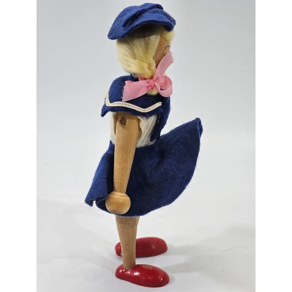 VINTAGE Peg Doll Wooden Articulated Sailor Felt Navy Blue Souvenir Toy 7.5